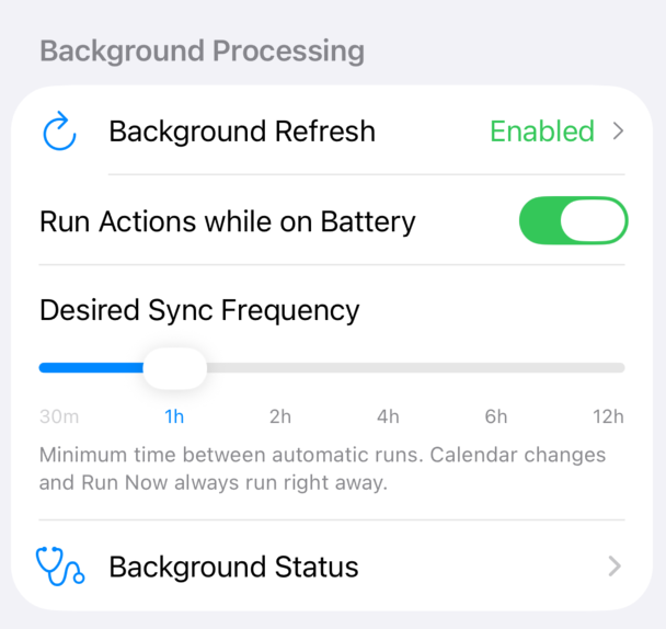 CalCopilot Background Processing settings, with Desired Sync Frequency set to one hour on a slider ranging from 30 minutes to 12 hours.