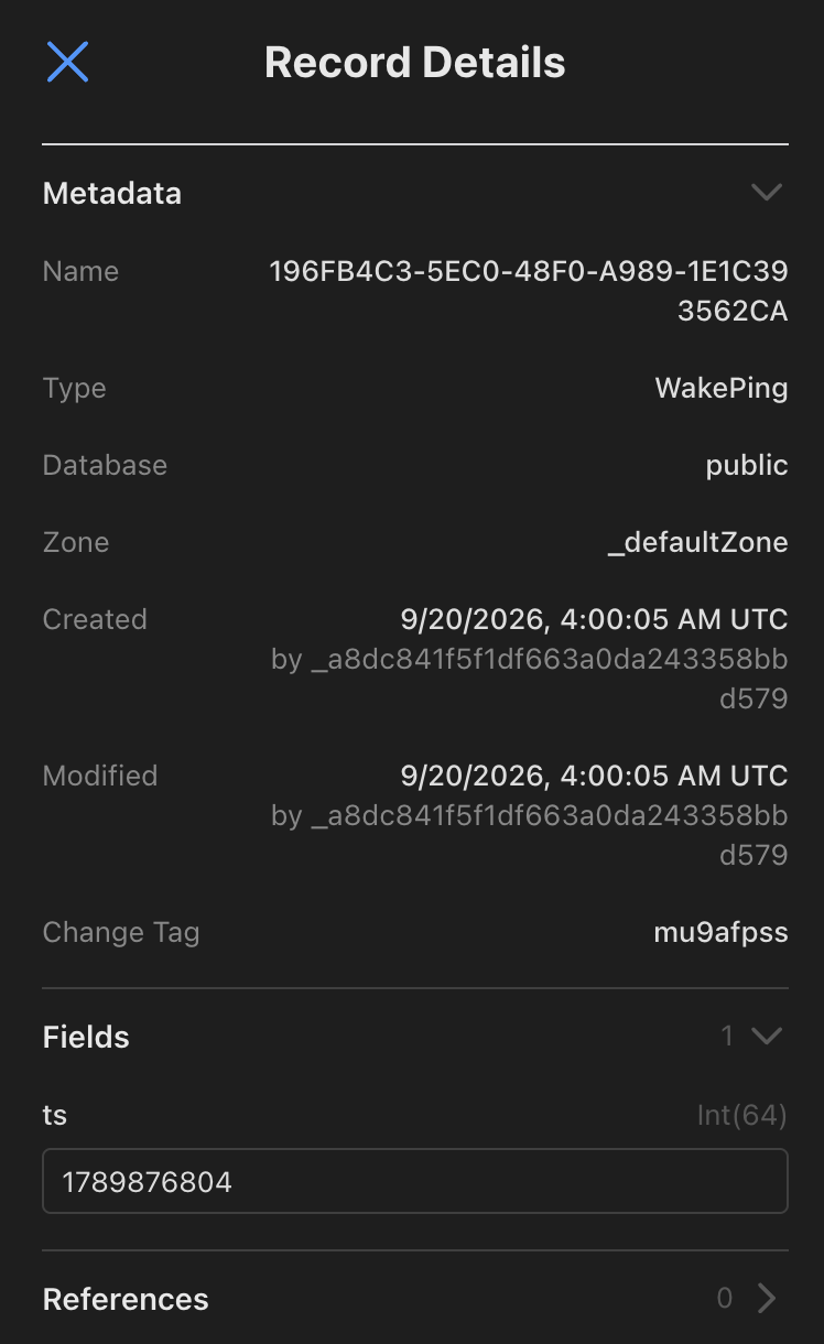 CloudKit Record Details for a WakePing record in the public database, with one custom field named ts of type Int(64).