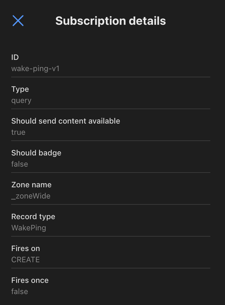 CloudKit subscription wake-ping-v1: query type, content available true, badge false, record type WakePing, fires on CREATE, and fires once false.